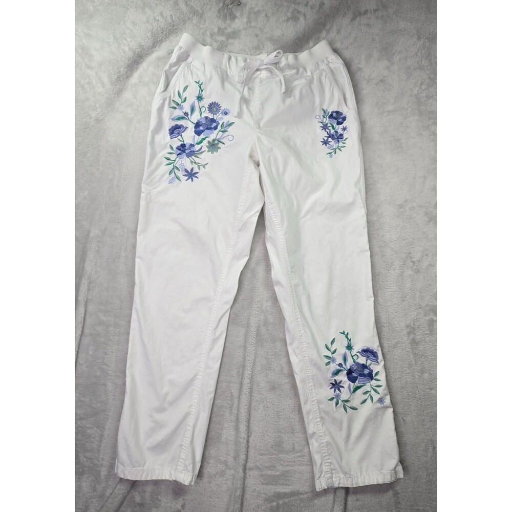 Boho White Embroidered Style & Co Pants Women's Medium Blue Floral Pockets